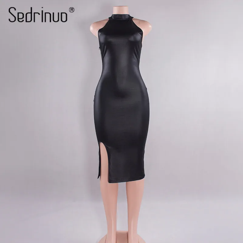 Sedrinuo New Fashion Women Bandage Black Dress Sleeveless Round Neck Cross Backless Ladies PU Leather Bodycon Sexy Party Dresses | Женская