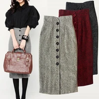 free shipping 2020 new fashion woolen elegant long knee length women skirts pencil s 2xl single breasted high waist winter skirt