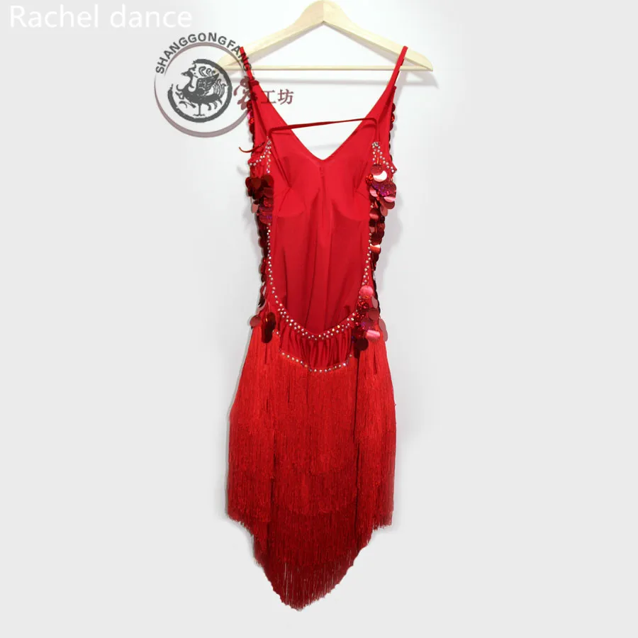 

Latin dancing Lotus Skirt Sequined Style V-Collar Back Open Sleeveless Samba Tango Dance Clothing Tassel Latin Dance Dress Set