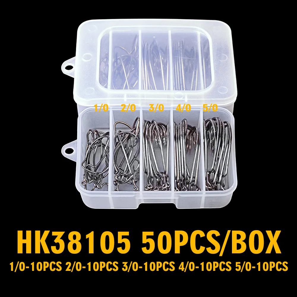 HK38105 Mix 50 шт. джиг большой крючок рыболовный крючок черный рыболовный крючок Размер 1/0-5/0 с пластиковой коробкой - Цвет: HK38105 Mix