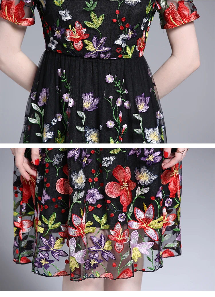 

Banulin 2019 Summer Fashion Runway Vintage Midi Dress Women's Short Sleeve Gorgeous Tulle Mesh Floral Embroidery Dress