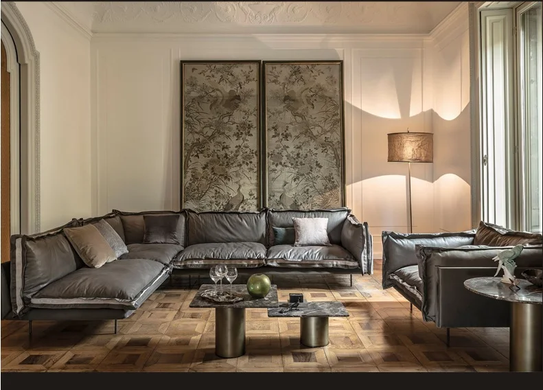 Индустриальный шикарный диван с кожей+ ткань Подушка/высокие ноги дизайн