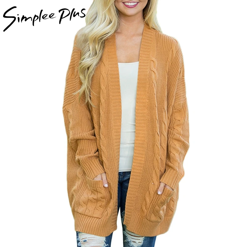 Simplee Plus Cardigans Women Size Long Cardigan Female 2018 Autumn Sleeve Solid Sweater Pockets Knitted Tops XXL XXXL |