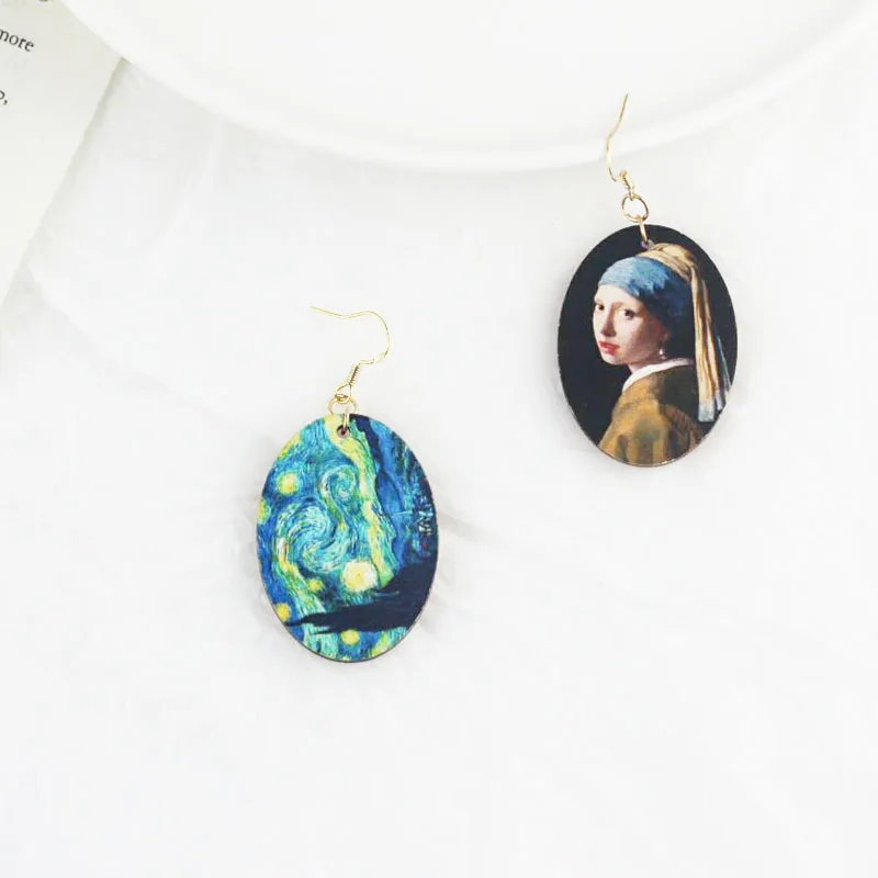 Vintage Retro Renaissance Art Famous Oil Painting Women Portrait Asymmetric Starry Earrings Wooden Abstract Drop | Украшения и