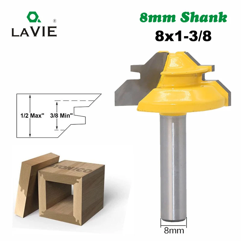 LA VIE 1pc 8mm Shank 45 Degree Lock Miter Router Bit 1/2 Stock Medium Lock Miter Milling Bit Wood Carving Tenon Knife MC02010