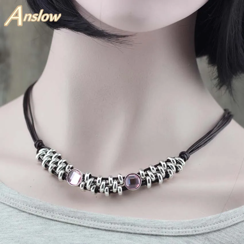 pink 45cm Anslow, бренд, высокое качество, дизайн, перо, кожаный воротник, колье, массивное, Neacklace, для женщин, вечерние, модное ювелирное изделие, LOW0005AN - Окраска металла: pink 45cm