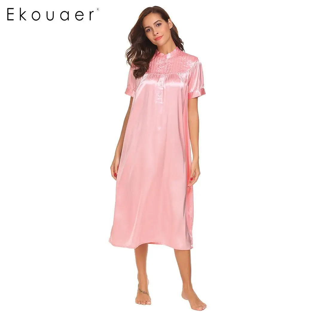 Pink Ekouaer Ночное платье Женская атласная ночная рубашка ночное белье воротник стойка короткий рукав плиссированная спереди Свободная Женская одежда для сна - Цвет: Pink