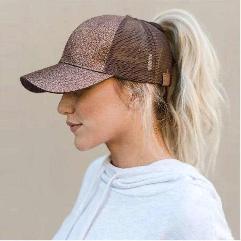 IOTTG WholeSale Drop Shipping CC Glitter Ponytail Baseball Cap Women Sports Messy Bun Girls Mesh Snapback Hat |