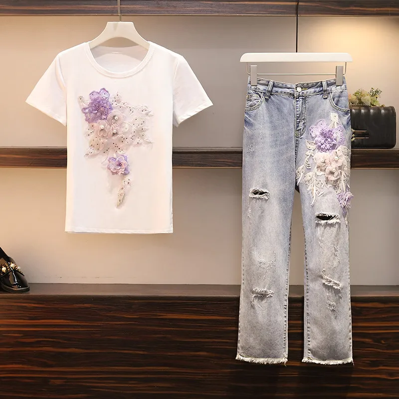 Женский костюм футболка и джинсы большого размера с 3D цветочной вышивкой