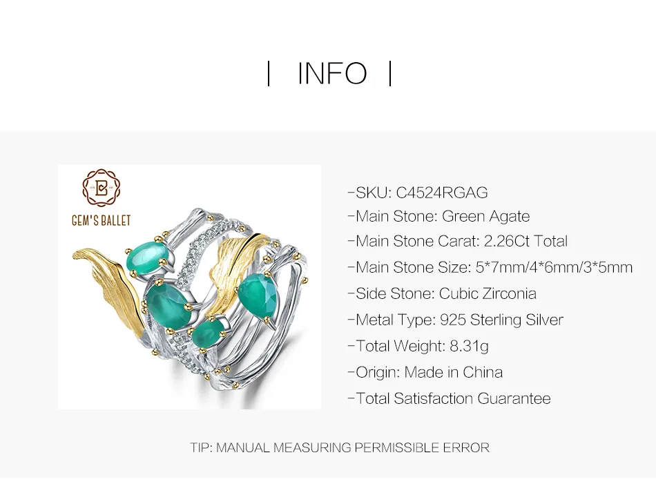 GEM'S BALLET 2.26Ct натуральный зеленый агат, натуральный камень, кольца на палец, 925 пробы, Серебряное модное кольцо для женщин, подарок, хорошее ювелирное изделие