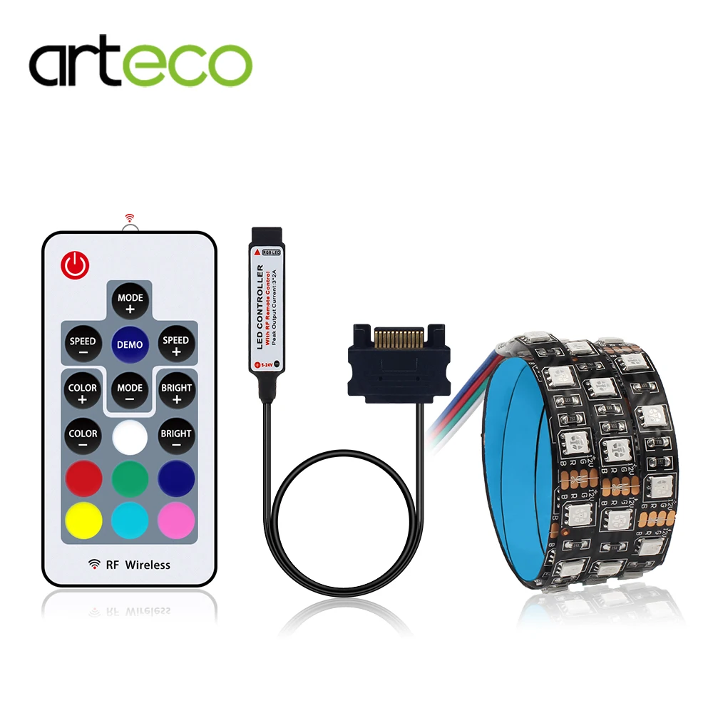 60 Светодиодный светильник s/m RGB 5050 для ПК, чехол для компьютера, интерфейс SATA+ 17key RF пульт дистанционного управления, беспроводной 50 см 1 м 1,5 м 2 м
