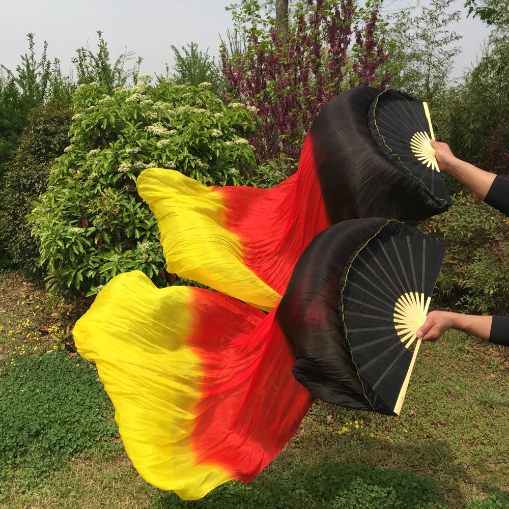 Women Black Red Yellow Gradient 100% Real Silk Belly Dance Fan 1.8m 1pair(L+R) New Arriva | Тематическая одежда и униформа