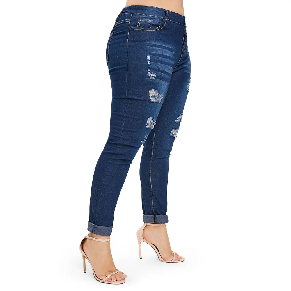 CosMera High Waist Pants Pockets Ripped Jeans Women New Fashion Casual Skinny Pencil Denim Trousers Plus Size |