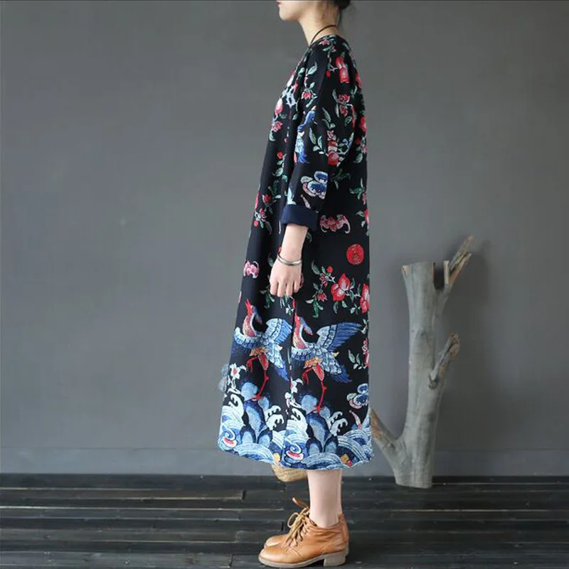 Женское весенне-осеннее платье 2017 новое модное хлопковое льняное с принтом птицы
