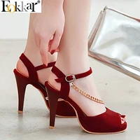 eokkar 2019 women pumps nubuck flock platform thin high heel stiletto women pumps peep toe all match women shoes size 34 43