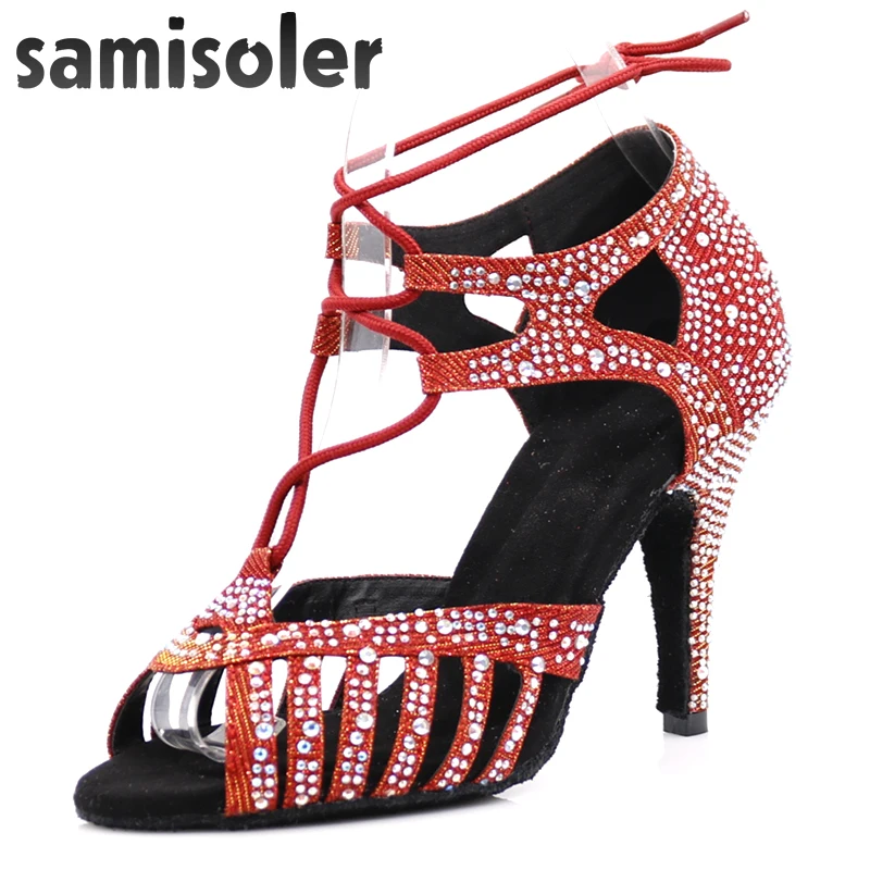 Samisoler Latin dance shoes zapatos de baile latino mujer	 shining Bronze Skin Black satin Women Salsa party Ballroom shoes