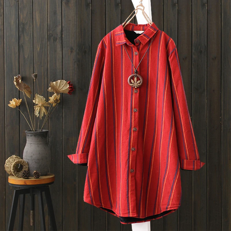 Casual Contrast Color Vertical Striped Shirt Ladies Long Tops 2018 Turn Down Collar Fall Winter Warm Velvet Cardigan Coat Retro |