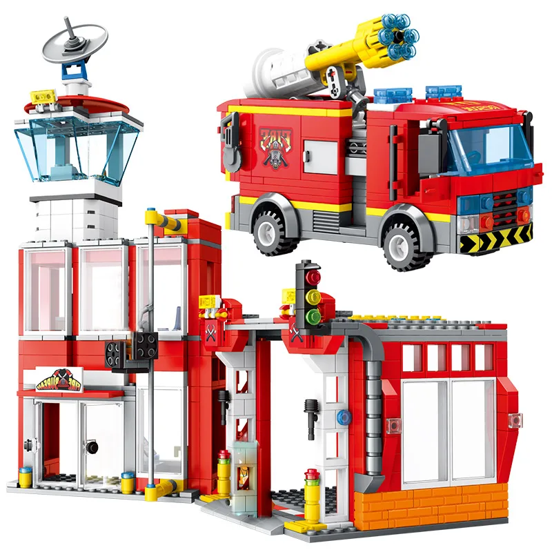

837pcs City Fire Station Rescue Fire Truck Helicopter City Police Station DIY Model Building Blocks Bricks Toys for Kids Boys