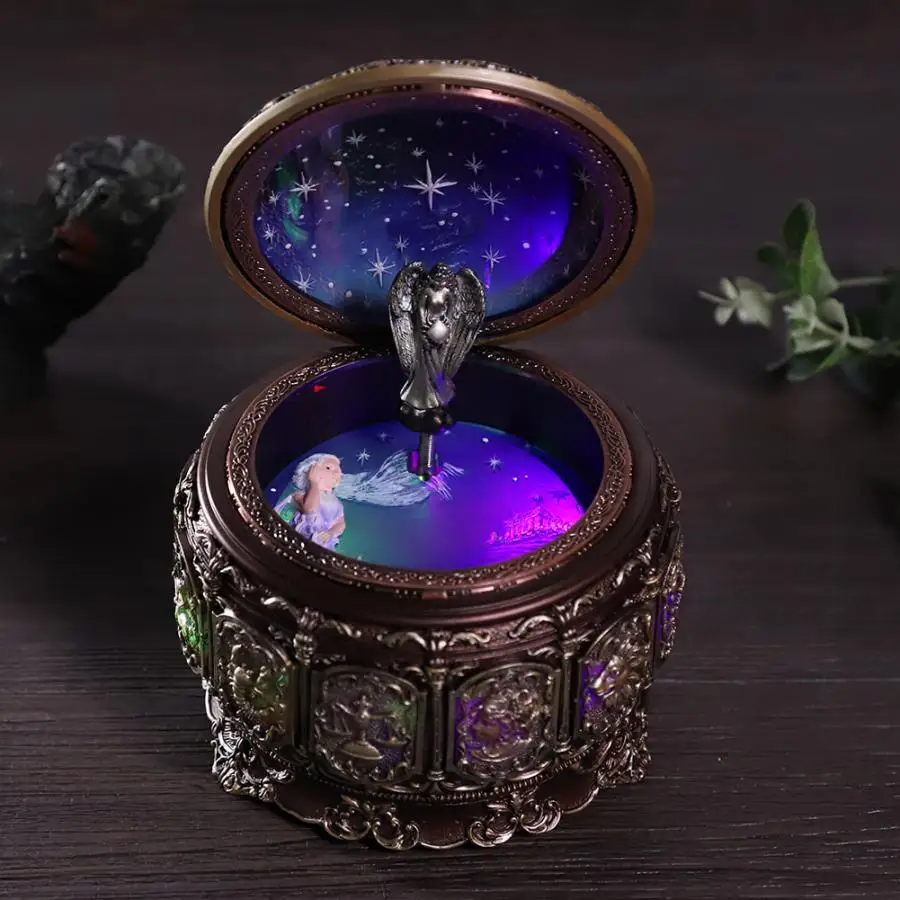 Музыкальные коробки винтажная Музыкальная шкатулка с 12 созвездиями вращающийся богиня Мерцающий СВЕТОДИОДНЫЙ светильник подарок на день рождения Горячая Распродажа