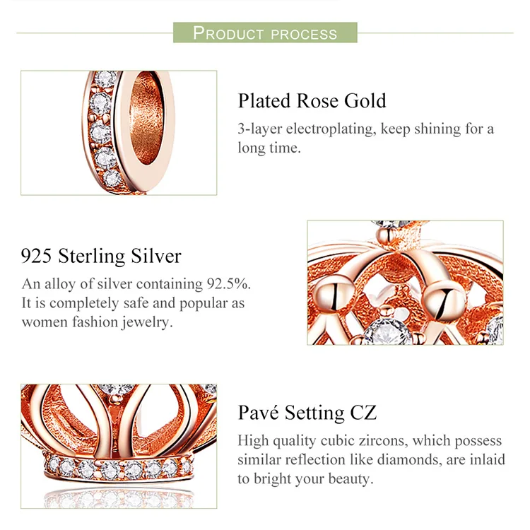 S925 серебро fit Pandora браслет Королева Корона Подвески Розовое золото Белый Циркон Бусы принцессы для изготовления ювелирных изделий