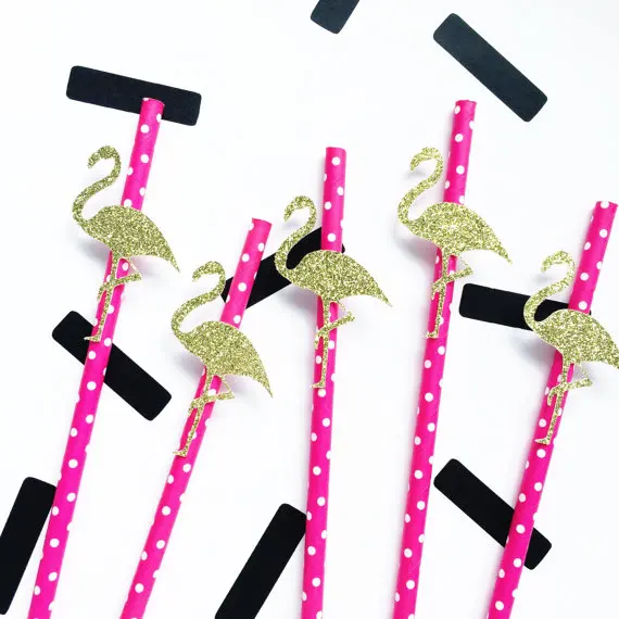 

Glitter Flamingo fushia dot Paper Straws. Wedding birthday Engagement Hawaiian Tropical Party Drinkware tools