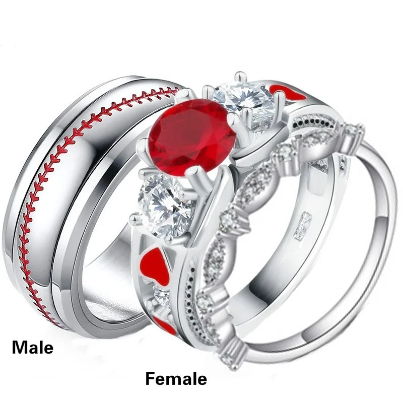Couple Rings S925 Silver AAA Red Zirconia Women Wedding Ring Bridal Jewelry &amp Titanium Men |