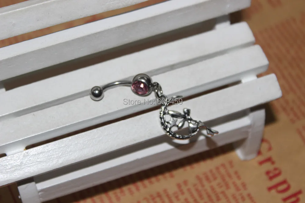 Silver Moon Angel Charm Belly Button Ring Crystal |