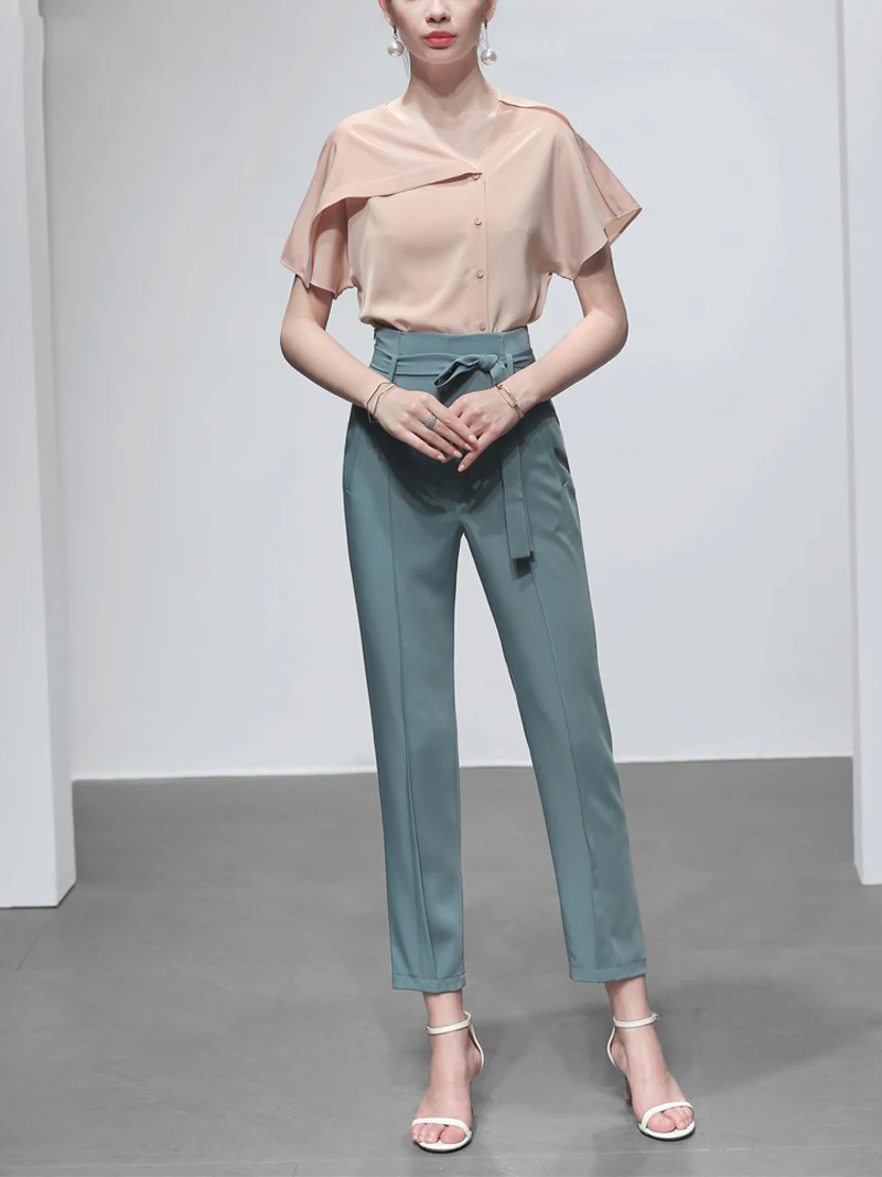 Простой дизайн женские костюмы ассиметричный однобортный короткий рукав клеш