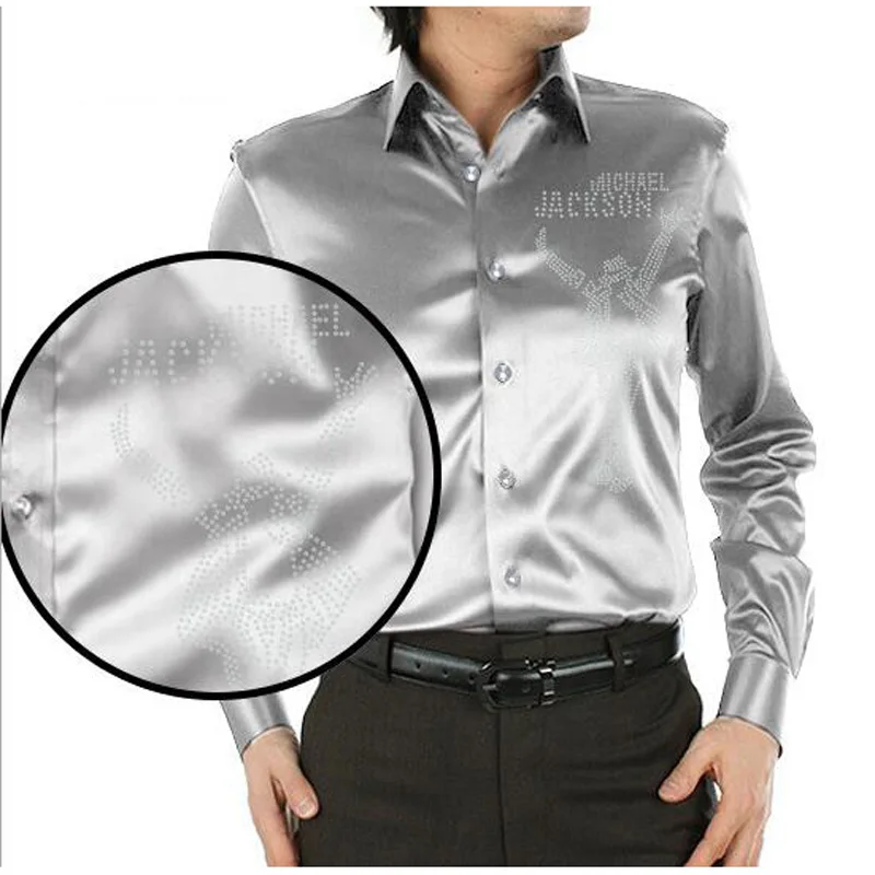 Men Shirt Fashion Rhinestone Silk Satin Mens Long Sleeve Camisa Hombre Couples Wedding Dress | Мужская одежда
