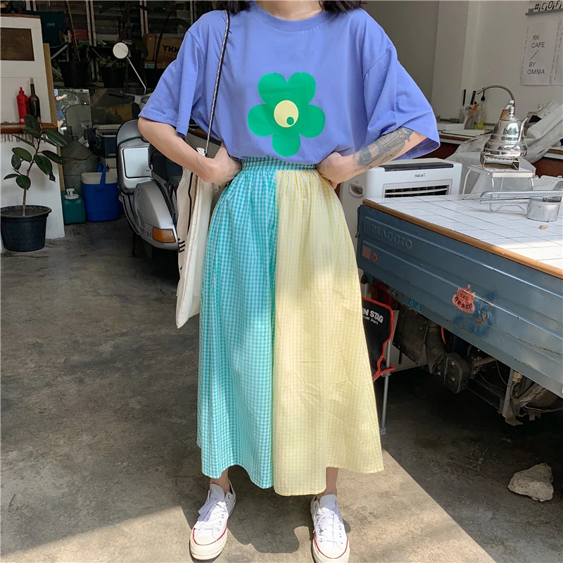 Высокая талия лоскутное блок контрастный карамельный цвет полосатый Boho Kawaii милая Лолита Mori девушка Корейская длинная юбка миди Маргаритка/Топ/рубашка