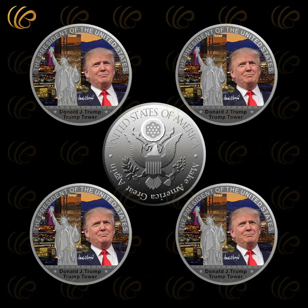 США 45 й президент Дональд Трамп Серебряная монета башня Дизайн Посеребренная