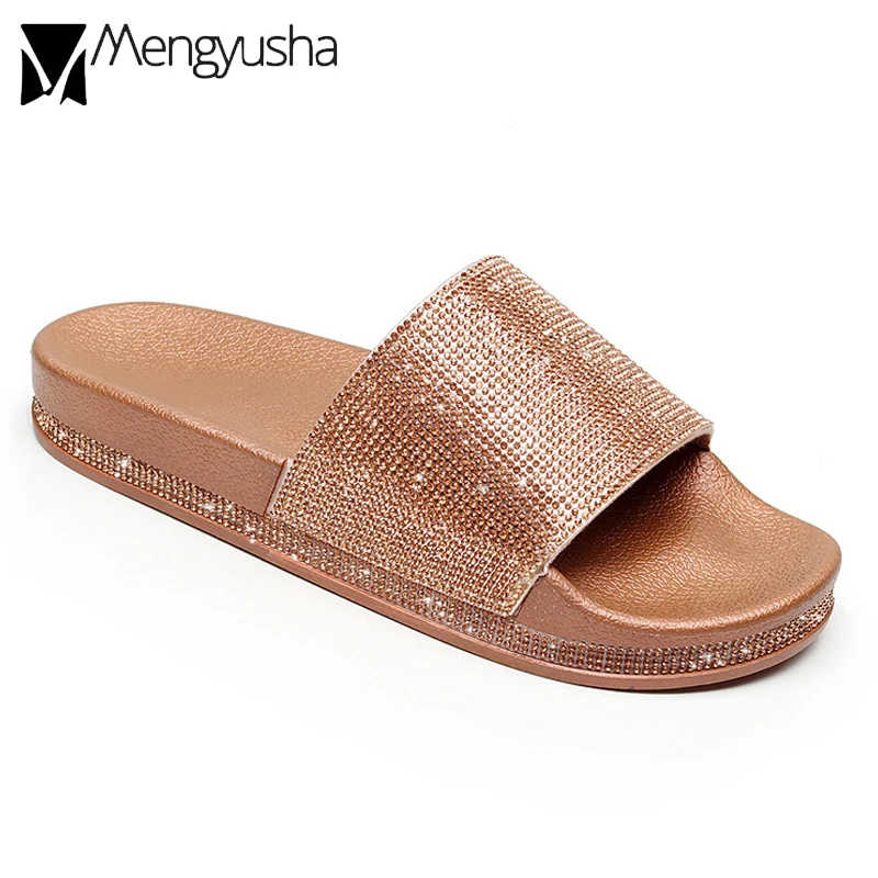Блестящие шлепанцы Стразы женские пляжные сланцы с открытым носком
