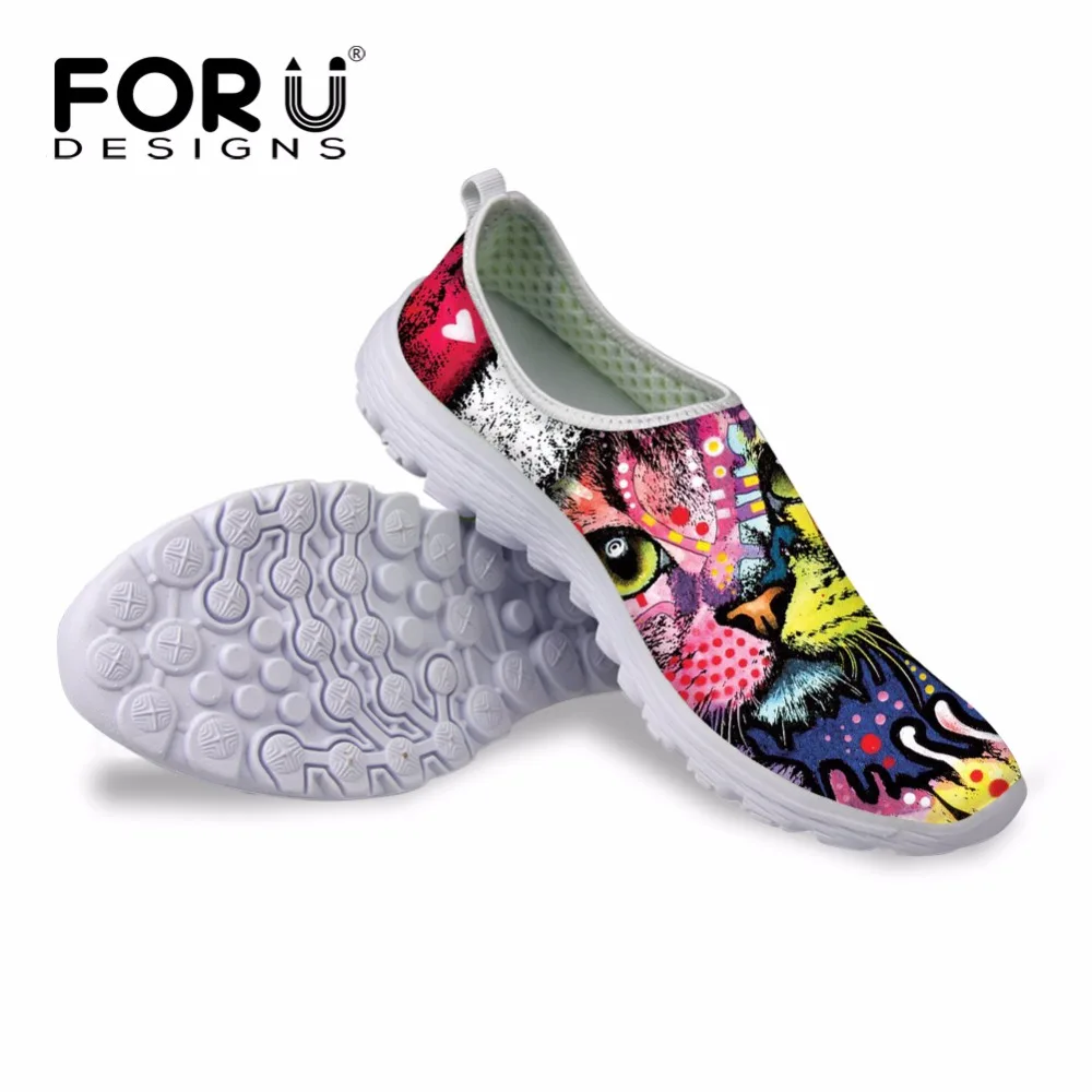 FORUDESIGNS/Цветная Женская сетчатая обувь для дома с принтом кота и собаки; сезон весна-лето; женские дышащие удобные лоферы; обувь на плоской подошве