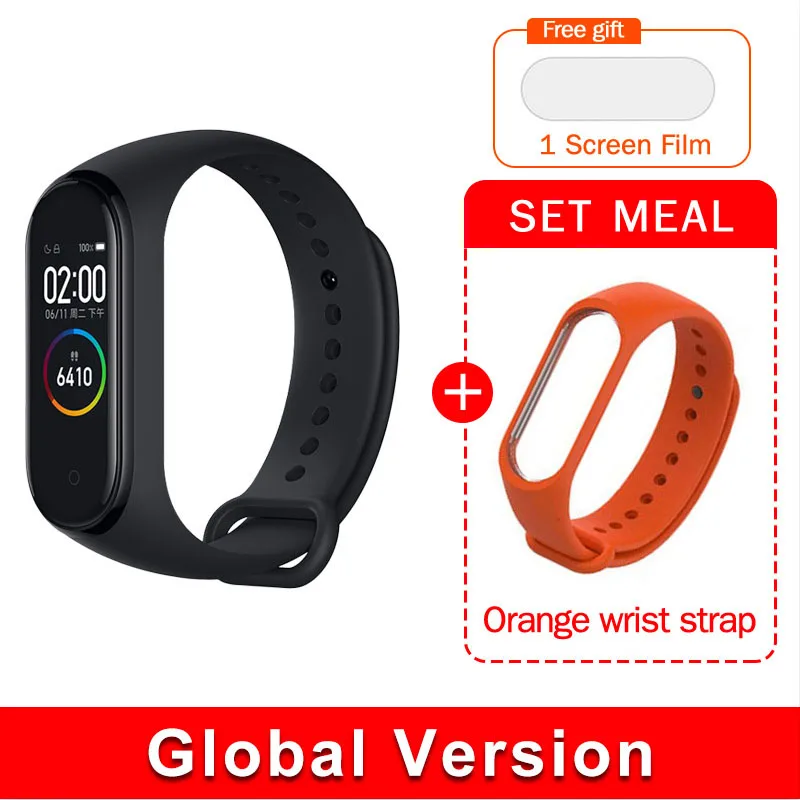 EN Add orange Strap Оригинальная глобальная версия Xiaomi Mi Band 4 Smart Miband, новейший музыкальный браслет, пульсометр, фитнес, 135 мА/ч, цветной экран, Bluetooth 5,0 - Цвет: EN Add orange Strap