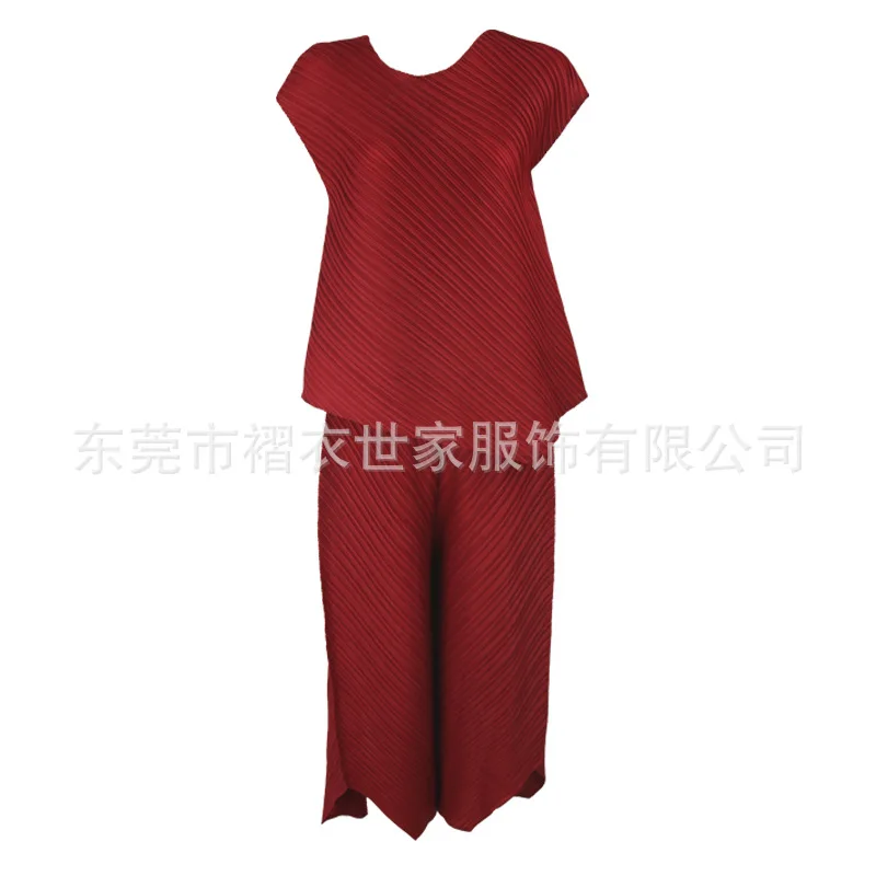 

HOT SELLING Miyake solid color sleeveless fashion fold o-neck irregular T-shirts IN STOCK
