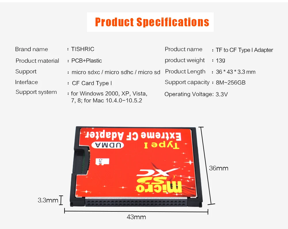 TISHRIC Micro SD TF адаптер CF карта для MicroSD/HC для компактной вспышки тип I считыватель карт памяти конвертер для камеры