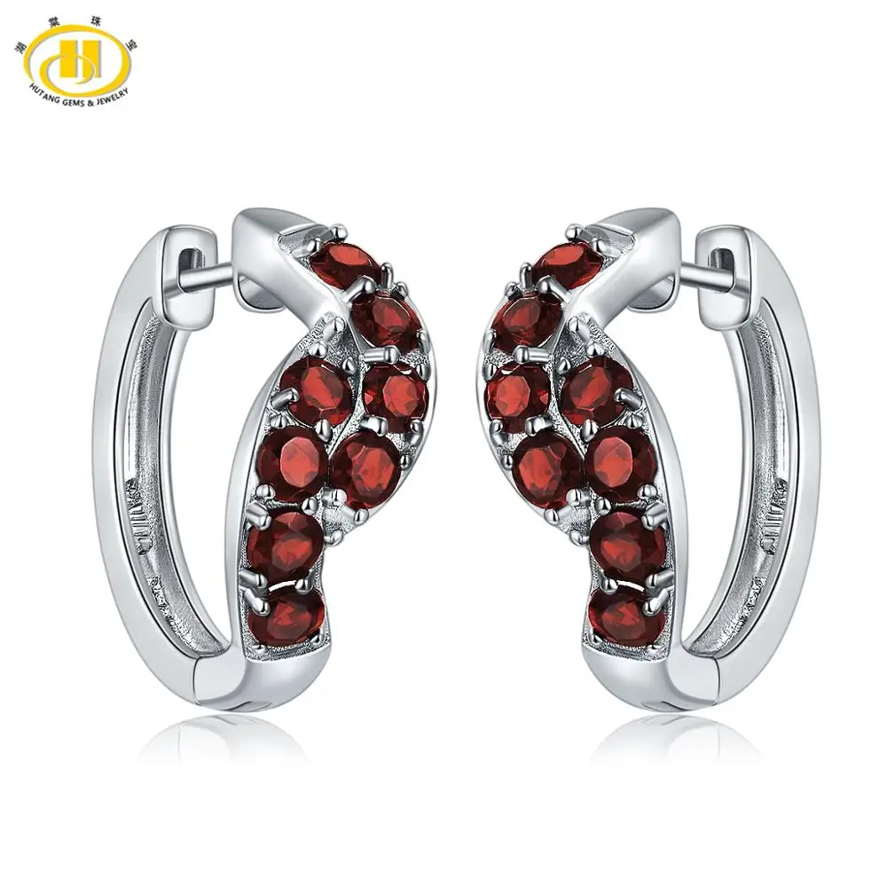 Серьги кольца Hutang женские из серебра 925 пробы с натуральным красным гранатом