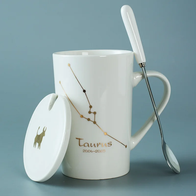 White-Taurus Крутая модная кружка с 24 созвездиями, кружка для чая, молока, кофе, керамическая ложка, крышка, чашка для пары, офисный подарок, чашка для напитков на заказ - Цвет: White-Taurus