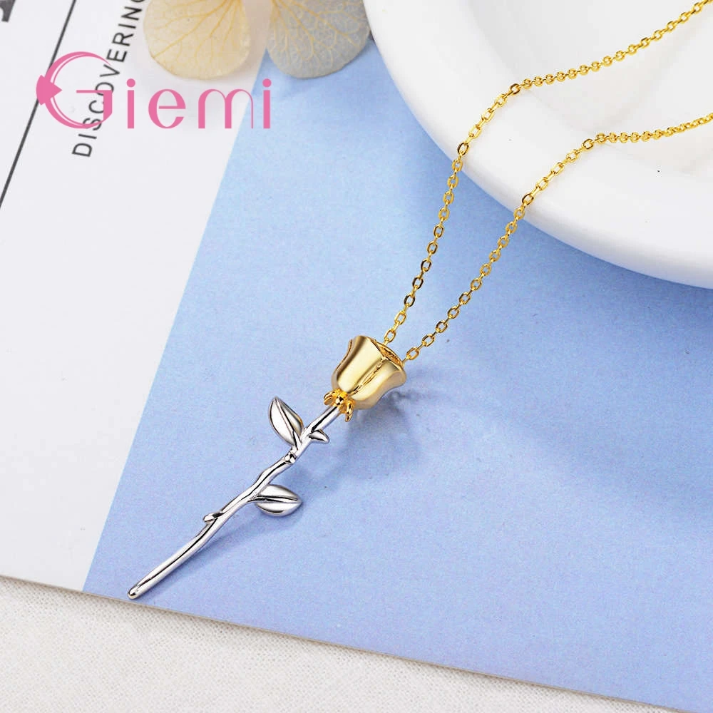 

Unique Design Romantic 925 Sterling Silver Gold Rose Flower Pendant Necklace For Women Wedding Party Jewelry Valentines