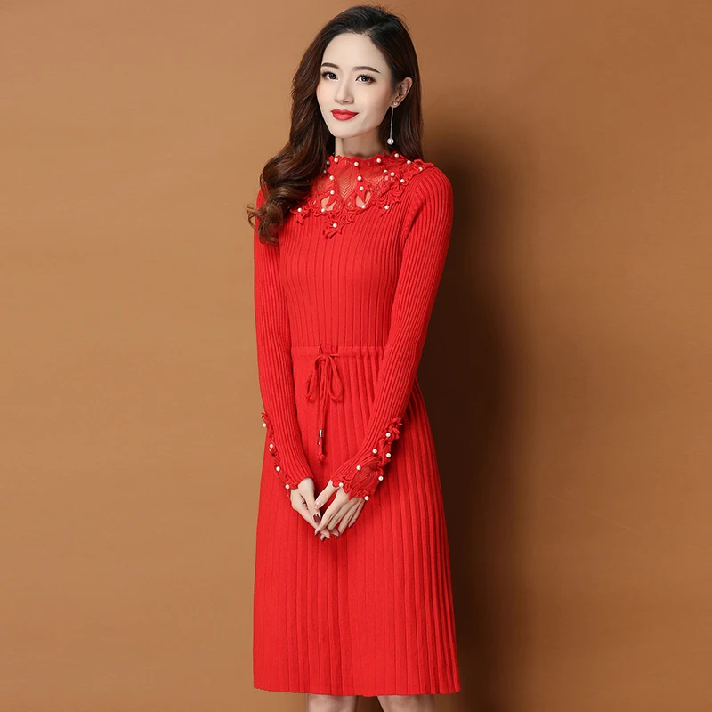 Женское трикотажное платье Новое Кружевное вязаное платье-свитер миди с бисером