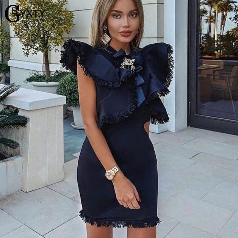 GBYXTY Vintage Butterfly Sleeve Tassel Party Dress Vestido Women Summer Bow Collar Bodycon Black White Elegant ZA1551 | Женская одежда