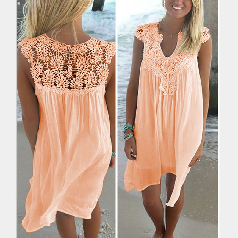 Summer Dress New women lace patchwork chiffon dress hollow out sleeveless loose beach tunic sexy solid female beachwear Q160505 |