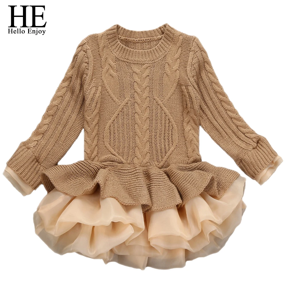 

HE Hello Enjoy Girl Dress Thick Warm Wedding Party Dresses Knitted Chiffon Winter Kids Girls Clothes Children CLothing Sweater