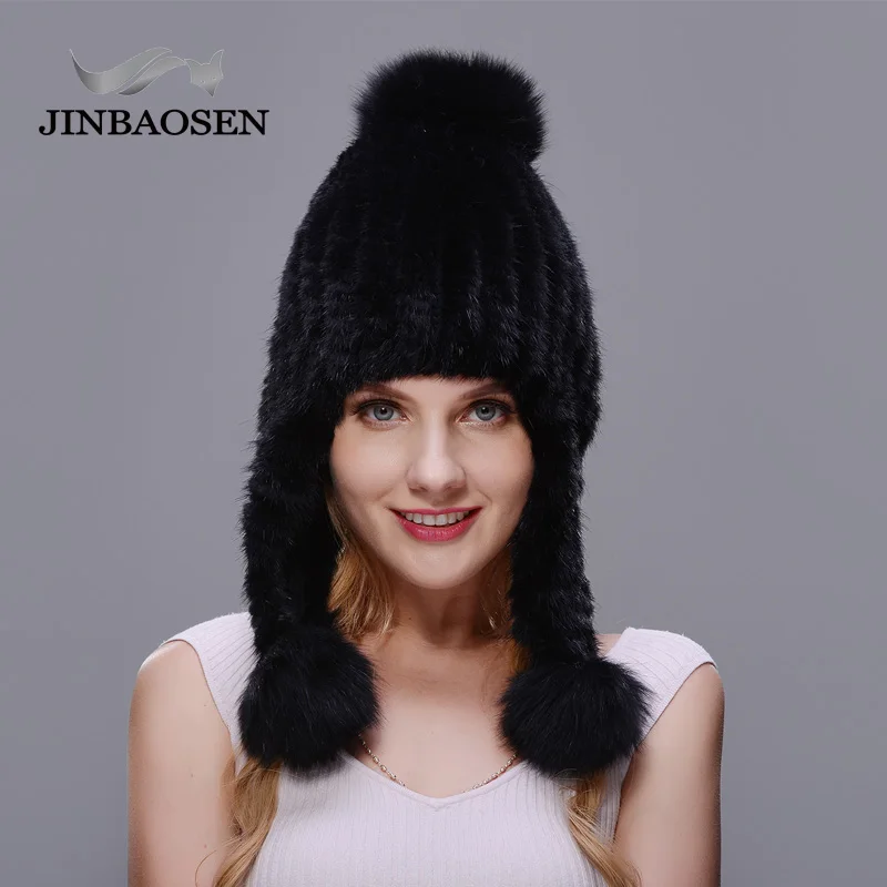 JINBAOSEN натуральная норковая шапка Rex женская зимняя Толстая теплая Модная вязаная