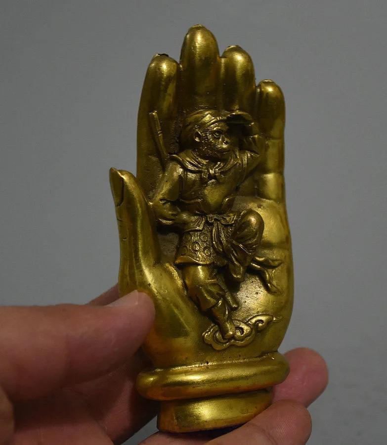 Китай латунь известное путешествие West Sun Wukong Обезьяна Король Бог в статуе рука