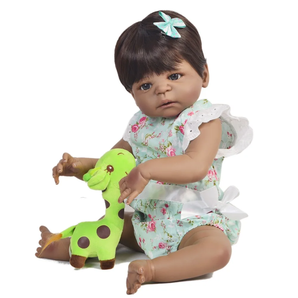 

black skin SIlicone Vinyl Reborn Babies Doll 55cm with Nice blue floral clothes Bebe Alive fashion Toys Holiday surprise gift
