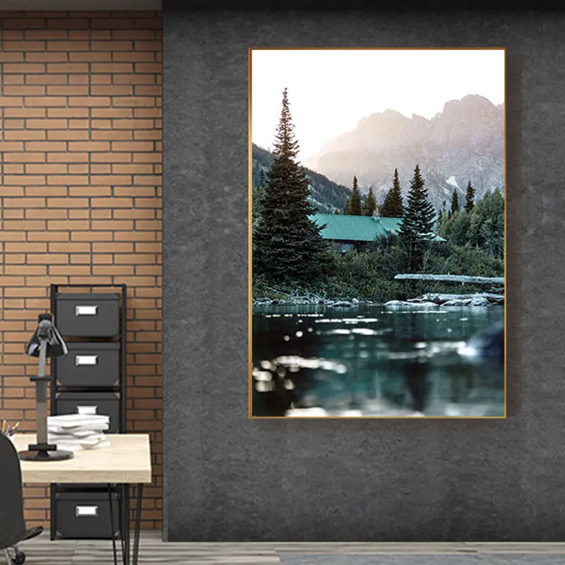 Настенная картина Дом в лесу большой постер скандинавском стиле с зимней снежной