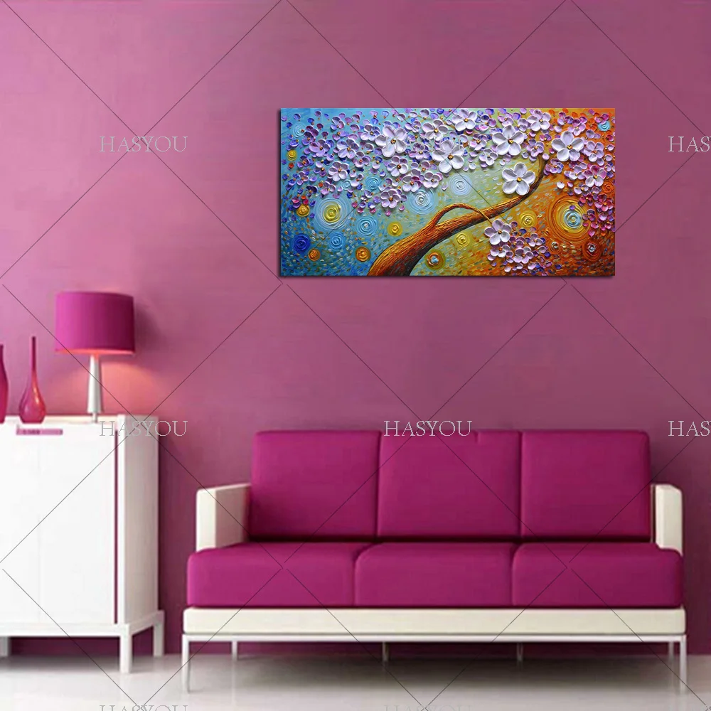 Большая картина маслом на холсте ручная роспись цветы дерево современная