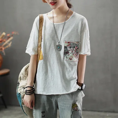 Летняя футболка женские свободные Ретро пуловеры Новые топы с круглым вырезом