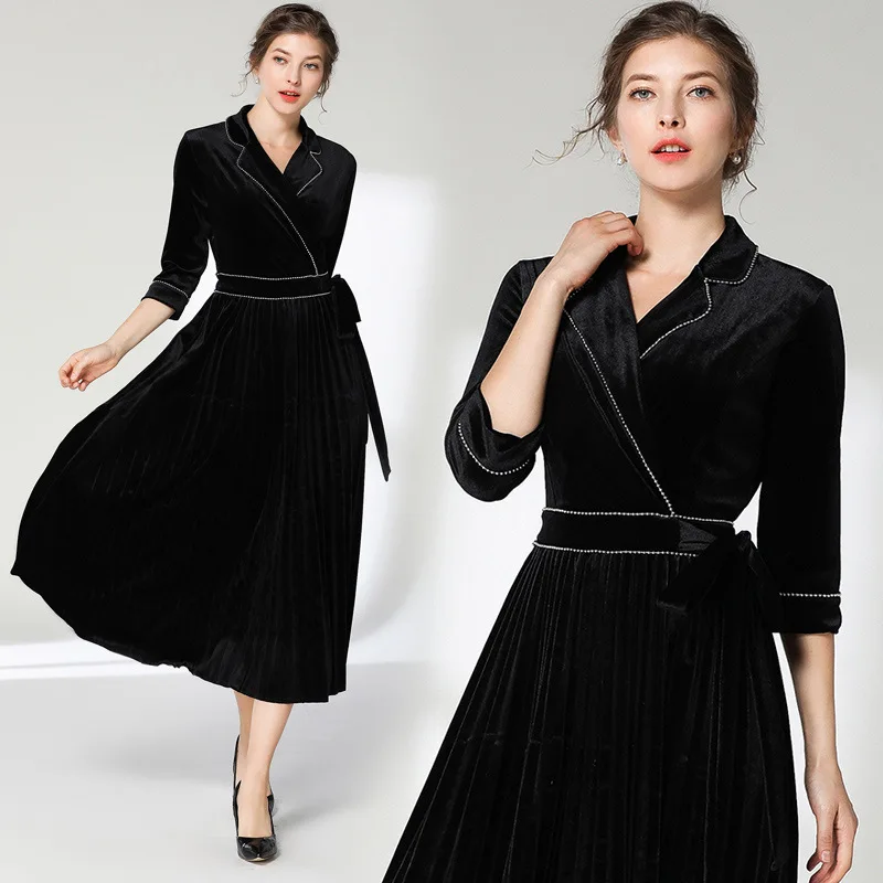 OL/зимние Для женщин дополнительно черный бархат деловая модельная одежда Robe Femme